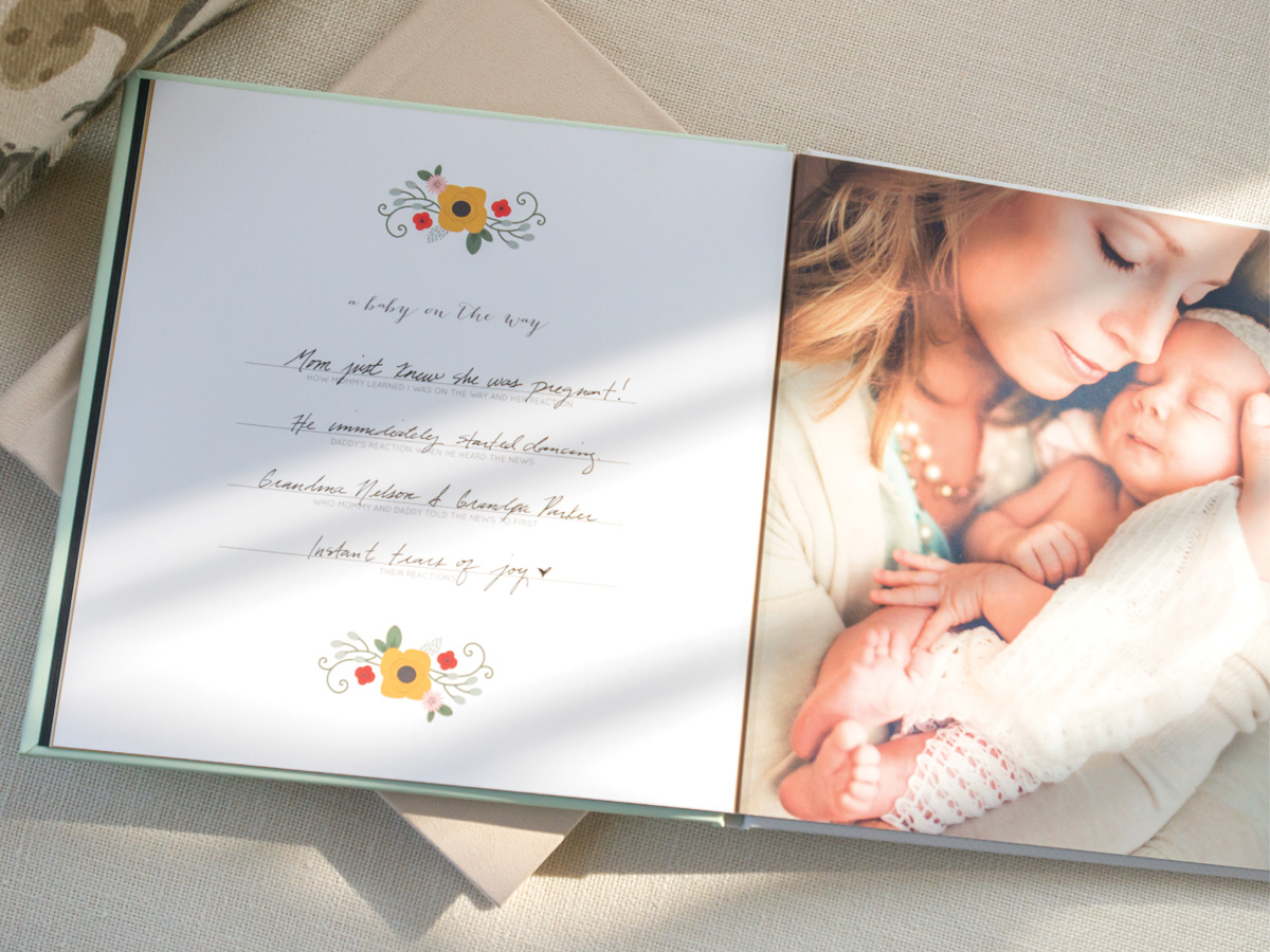 Newborn photography album with write-in journaling page